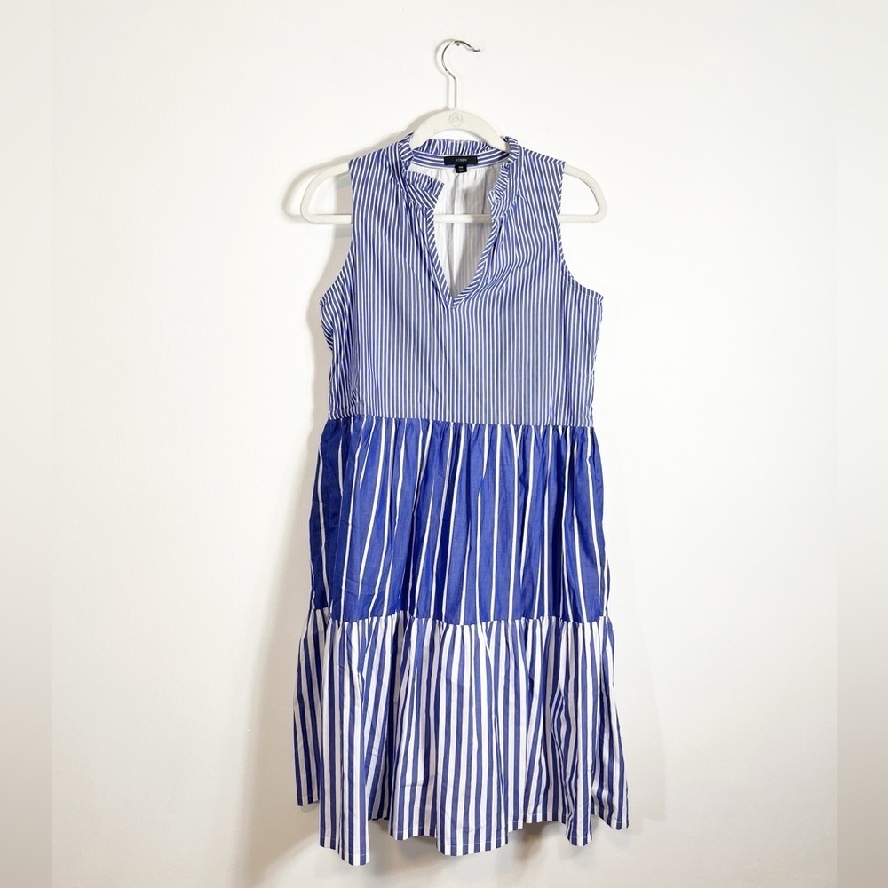 J. Crew Sleeveless Tiered Popover Dress in Mixed Stripe Blue White XS - Picture 4 of 8
